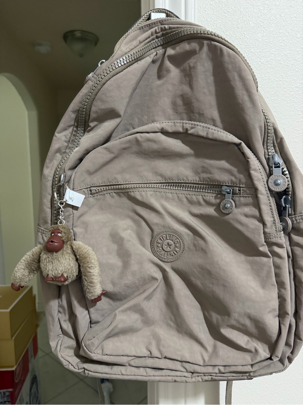Kipling Taupe Nylon Backpack with Monkey Charm